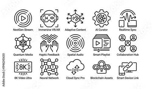 Innovative future technology icons: vr ar blockchain ai media networks