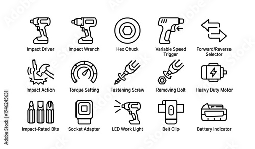 Illustrated tool icons featuring drill, wrench, motor, and accessories