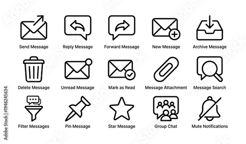 Set of messaging icons: send, reply, forward, archive, delete, unread, attachment, search