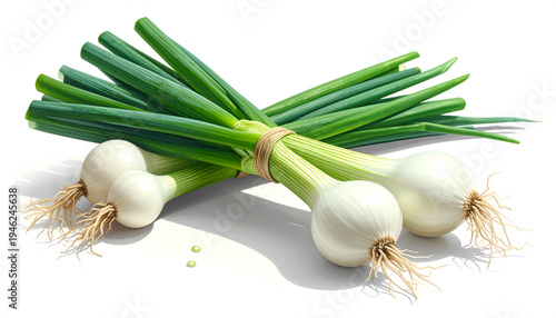 A fresh bunch of scallions tied with twine, close up, isolated on white background