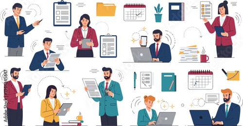 Professional business people characters working on laptops and tablets managing documents and schedules in a modern flat vector style