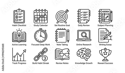 Habit tracking and study tools icons for effective learning and productivity