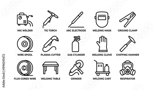 Welding equipment icons: mig welder, tig torch, arc electrode, welding mask, ground clamp