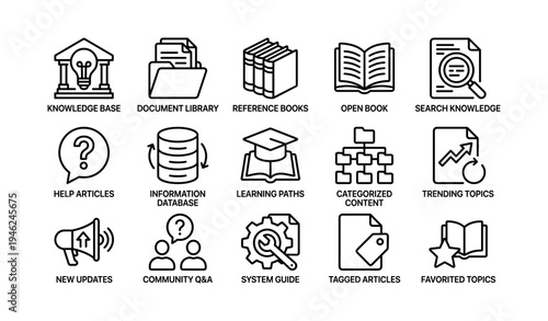 Icons of knowledge and information resources: books, databases, guides, and community tools