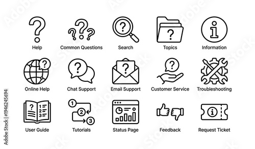 Customer support icons set: help, questions, email, feedback, guide