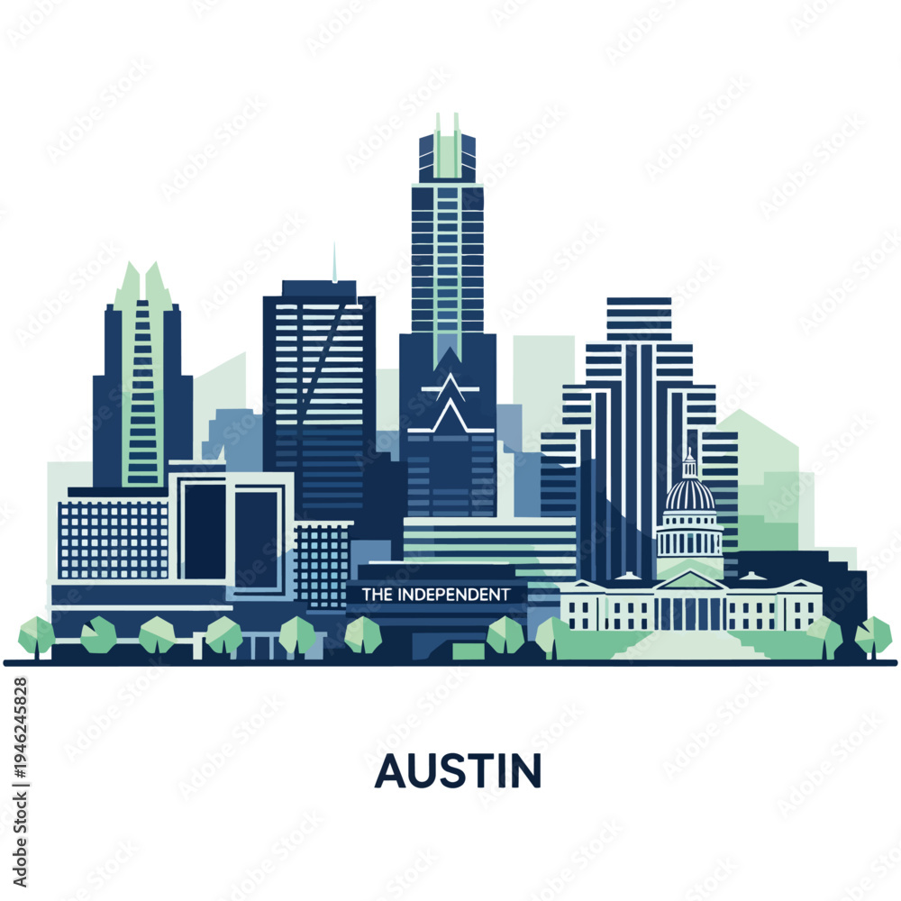 Obraz premium Stylized illustration of the Austin, Texas skyline featuring prominent downtown buildings and the State Capitol building with 'AUSTIN' text below.