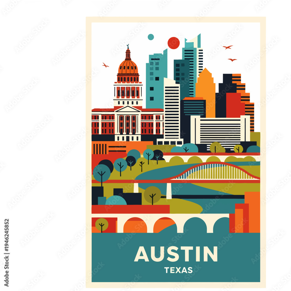 Fototapeta premium Stylized retro travel poster illustration of the Austin, Texas skyline featuring the State Capitol, modern buildings, bridges, and green parks under a vibrant sky.