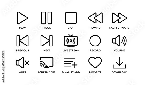 Media control icons set: play, pause, stop, rewind, volume, download