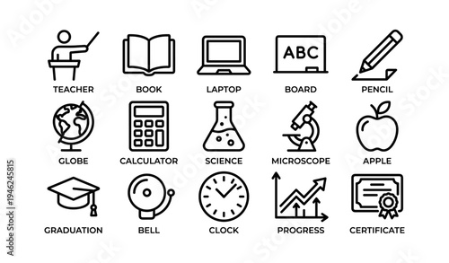 Simple black school icon set: education, science, and learning tools