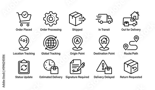 Delivery status icon set - shipping, tracking, global, transit, order, return, route, update