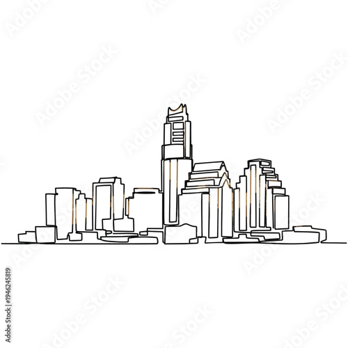 Continuous line drawing of a modern city skyline with abstract buildings and a prominent central skyscraper.