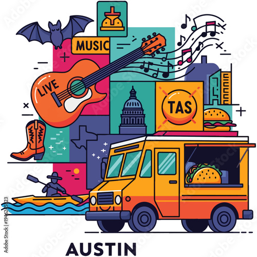 Colorful illustration of Austin, Texas, showcasing its iconic culture, live music, food trucks, outdoor activities, and famous landmarks.