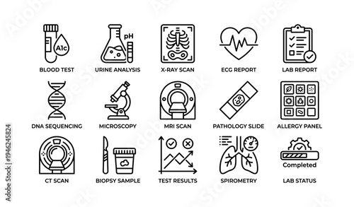 Medical test icons: blood, x-ray, dna, microscopy, ecg, lab reports