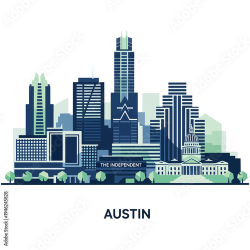 Stylized illustration of the Austin, Texas skyline featuring prominent downtown buildings and the State Capitol building with 'AUSTIN' text below.