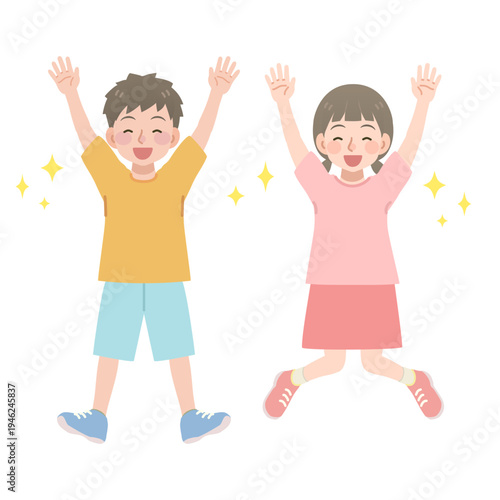 ジャンプをする男の子と女の子のイラスト