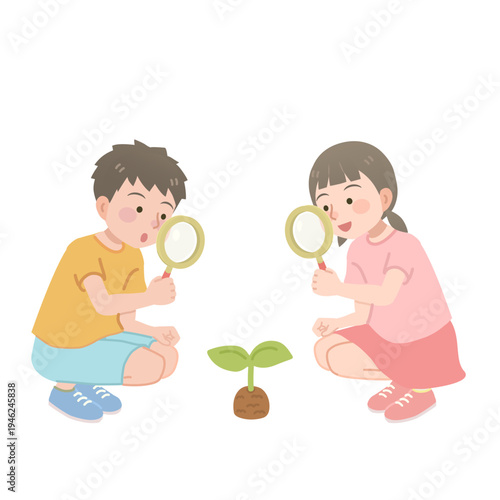 虫眼鏡を覗く男の子と女の子のイラスト