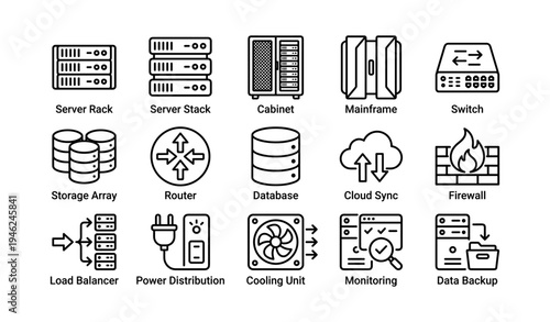 Network hardware icons: server, switch, database, firewall, cloud sync