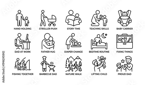 Fatherhood activities icons: hand holding, stroller push, story time, teaching, baby carrier