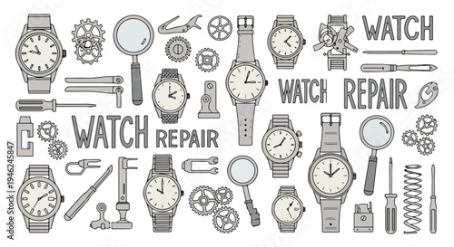 A flat lay illustration of various watches and watch repair tools with a monochromatic color scheme on a clean white background.
