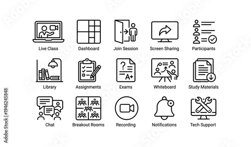 Educational icons for online learning platforms and virtual classrooms