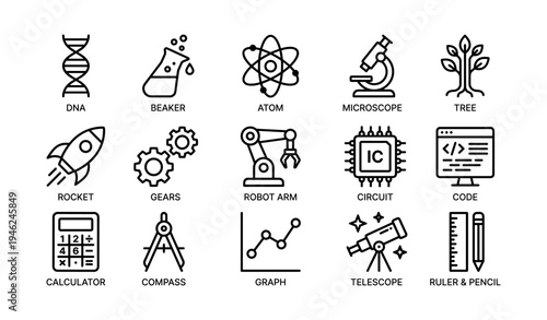 Science and technology icons set with dna, atom, microscope, and rocket
