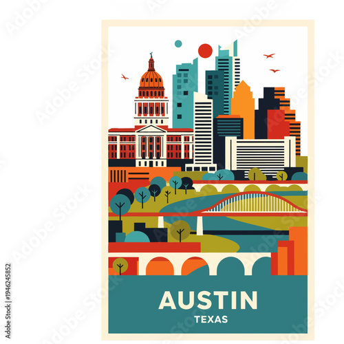 Stylized retro travel poster illustration of the Austin, Texas skyline featuring the State Capitol, modern buildings, bridges, and green parks under a vibrant sky.