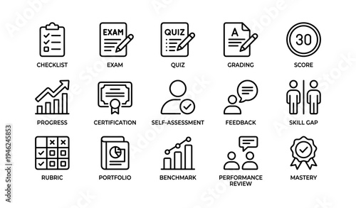 Education and assessment icons: checklist, exam, quiz, grading, score