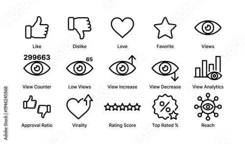 Social media icons collection: likes, dislikes, love, views, analytics, ratings
