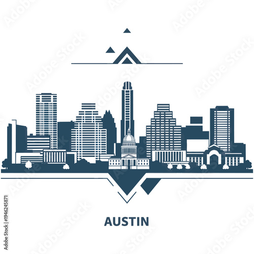 Stylized monochromatic vector illustration of the Austin, Texas skyline featuring the State Capitol building and modern skyscrapers with geometric design elements.