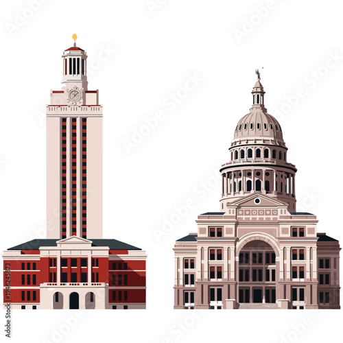 Illustration of the iconic University of Texas Tower and the Texas State Capitol building, two prominent landmarks in Austin, Texas.