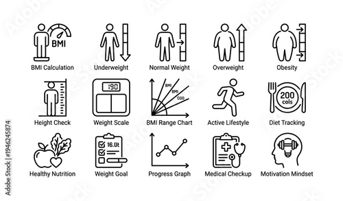 Bmi and health icons: weight, nutrition, fitness, medical, and motivation symbols