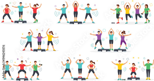 Diverse group of people performing aerobics and step workout exercises for fitness health and active lifestyle in a flat vector style