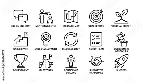 Business development icons set for career guidance and success