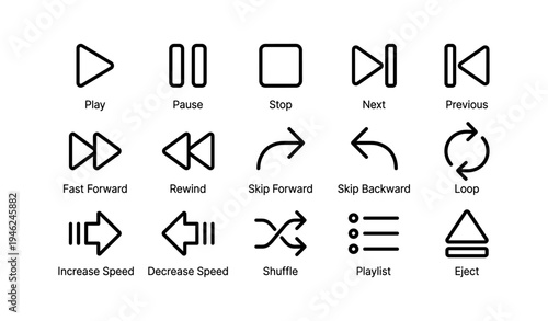 Audio control icons: play, pause, stop, next, and more functions