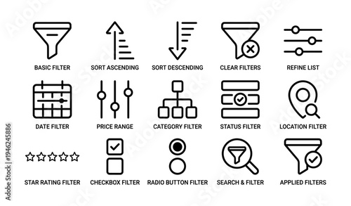 Filter and sorting icon set with various options and controls