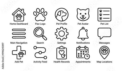 Pet management app icons: dashboard, profiles, notifications, health records, navigation