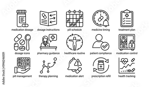 Healthcare icons set: medication dosage, pill schedule, treatment plan