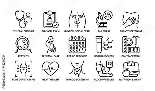 Healthcare icons: checkup, gynecology, fertility, and health monitoring