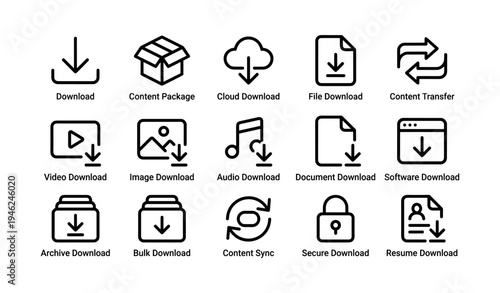 Download icons set representing various digital content and transfer methods