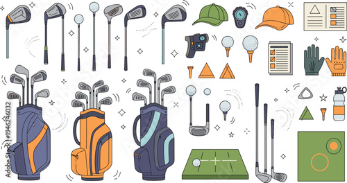 Professional golf equipment set featuring various clubs bags balls tees and accessories in a modern minimalist flat line vector style