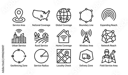 Comprehensive network service icons including coverage and connectivity zones