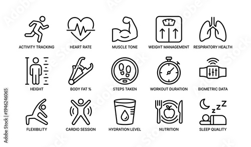 Fitness icons: activity, heart rate, muscle, weight, respiratory, health, height, body fat, steps, duration, biometric, flexibility, cardio, hydration, nutrition, sleep
