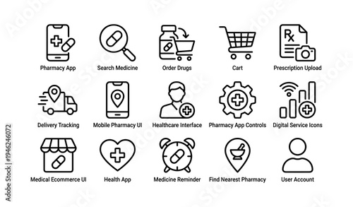 Healthcare icons: pharmacy app, search, order, prescription, delivery