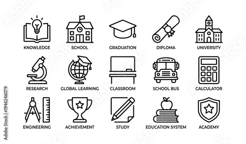 Icons of education and academic achievement: school, graduation, research, and learning symbols