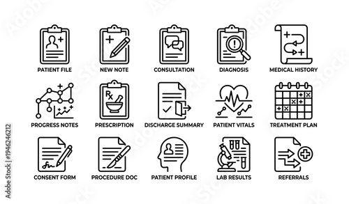 Medical icons set featuring patient files, diagnosis, prescriptions, and lab results