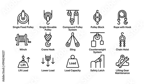 Pulley systems and lifting gear icons: winch, crane hook, safety latch, counterweight, chain hoist