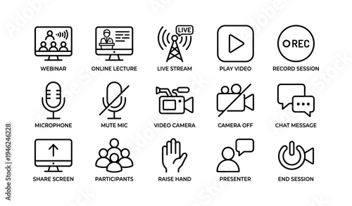 Online communication icons: lecture, webinar, video stream, microphone, participants