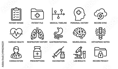 Healthcare icons: patient records, medical history, consultation, vaccination, lab results