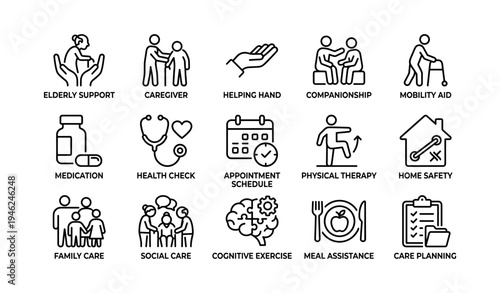 Icons depicting elderly support and care services for improved well-being