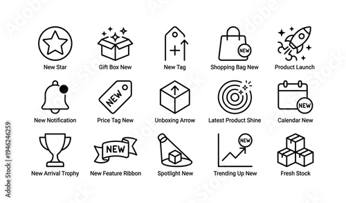 Icons representing new products and features in online shopping and business